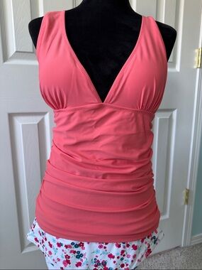 Coral V-Neck Ruched Tankini Top with Floral Bottoms
